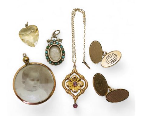 A Murrle Bennett turquoise and pearl pendant locket, pair of 9ct gold cufflinks, a 9ct pink gem pendant, a further 9ct frame 