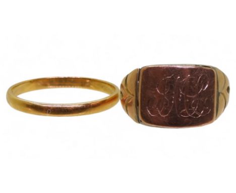 A 22ct gold wedding ring, size N1/2, weight 1.6gms, together with a mixed gold (12 &amp; 9ct) signet ring, size M, weight 2.9