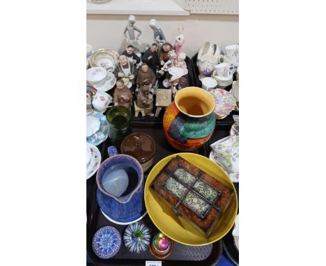 Two Millefiori glass paperweights, a blue glazed jug, a mottoware tobacco jar, a lustre glass hyacinth vase, a Poole pottery 