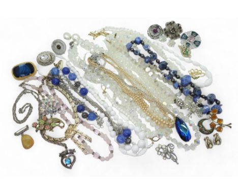 A collection of vintage costume brooches and beads to include Sphinx, diamante micro mosaic, opaline glass beads etc Conditio