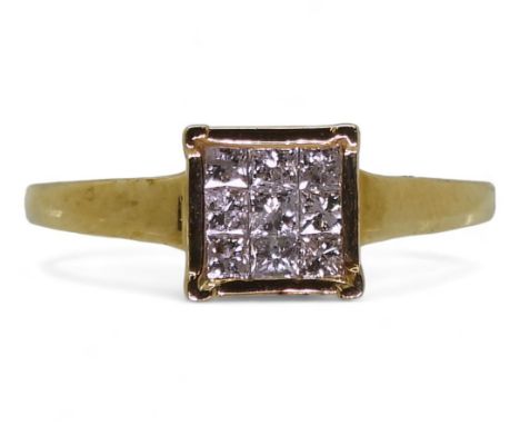 A 9ct gold princess cut diamond cluster ring, set with nine diamonds with an estimated approximate total of 0.50cts, size S, 