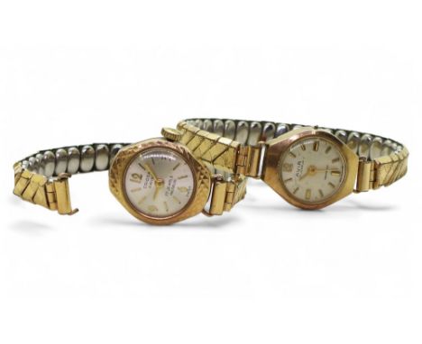 A 9ct Avia ladies vintage watch head with gold plated expanding strap, together with a 9ct ladies Oriosa watch head (af) weig