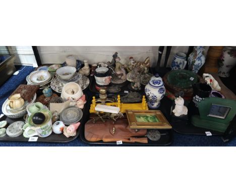 A collection of decorative ceramics and glass including a hen egg nest, Black and White Scotch Whisky advertising figure etc 