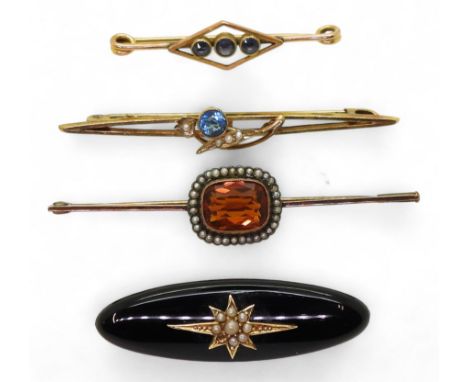 A collection of gold and yellow metal brooches to include, a pearl and citrine example, a Victorian mourning brooch and two o