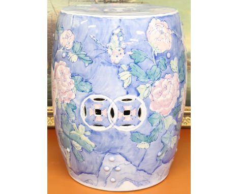 A 20th century Oriental style ceramic barrel form garden seat, 46cm high x 35cm diameter&nbsp; Condition Report:Available upo