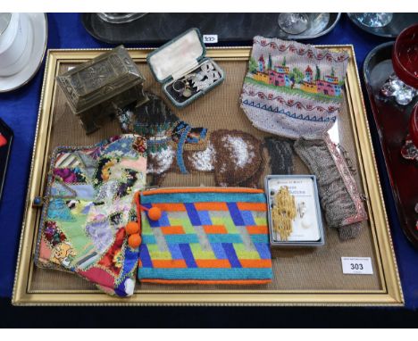A bead and embroidery picture of a horse, beaded purses, costume jewellery, a white metal bag and a secessionist style trinke