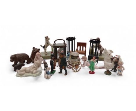 A forum 8 days carriage clock, a pair of cold painted bronze onyx dog bookends, a cold painted bronze figural inkwell, a Besw