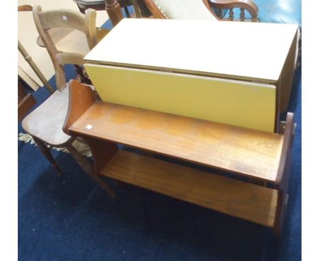 A lot comprising a mid 20th century Formica drop leaf kitchen table, 74cm high x 75cm deep x 121cm long, mid 20th century two