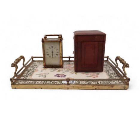 A cased brass carriage clock and a transfer printed tray (2) Condition Report:Available upon request