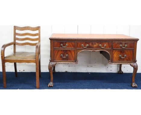 A lot comprising a 20th century mahogany desk with embossed writing skiver over central drawer flanked by pairs of drawers of