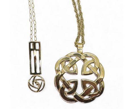 A 9ct gold Celtic knot pendant with a 46cm rope chain, together with a Mackintosh style pendant on a 40cm chain, weight 5.2gm