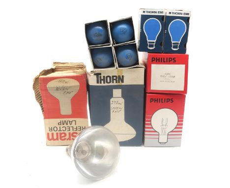 Projector lamp bulbs, to include examples up to 500 watts, together with a number of blue-coloured 60 watt filament bulbs Con