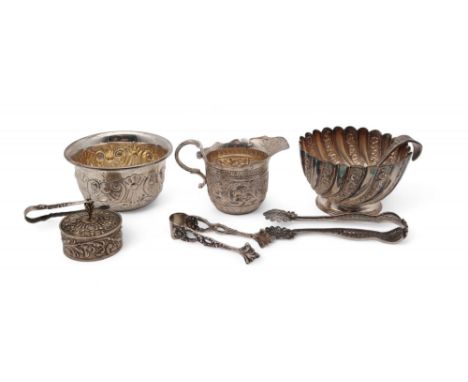 A collection of silver including a sugar bowl by George Maudley Jackson, London 1890, the body lobed, with embossed scrolling