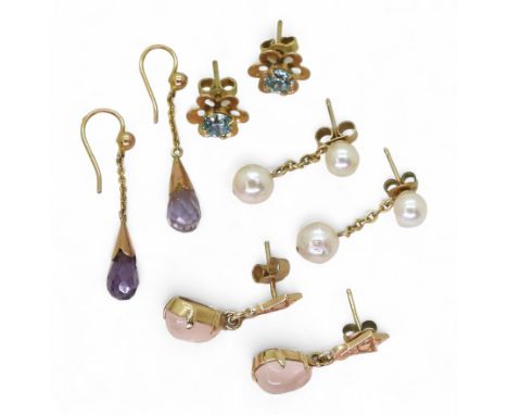 Four pairs of 9ct gold and yellow metal earrings to include, rose quartz, amethyst, blue zircon and pearl, weight all togethe
