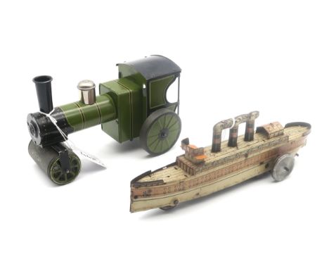 A tinplate ocean liner by DGRM, marked "Made in Germany" to prow, measuring approx. 24cm in length; together with a Bing GBN 