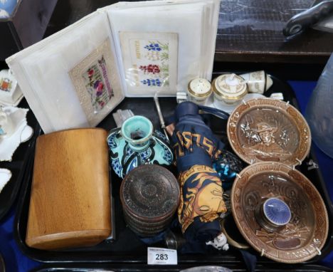 A collection of silk cards, a pair of Wade Wagon Train dishes depicting Flint Mccullough and Seth Adams, an enamelled silver 