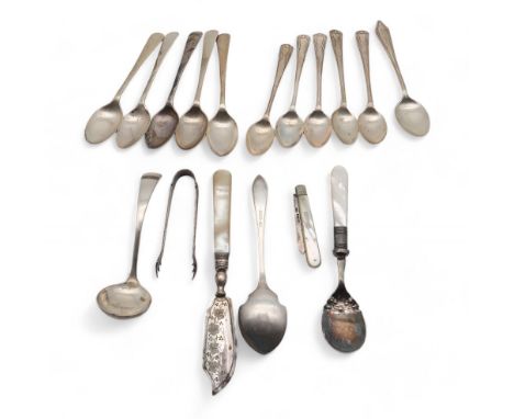 A collection of silver flatware including a set of five Art Deco teaspoons, by T S, Sheffield 1960, five Old English pattern 