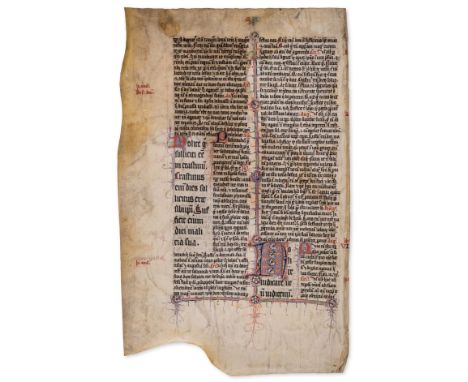 Illuminated manuscript.- Leaf from Thomas Aquinas, Catena Aurea, a commentary on the Gospels, in Latin, decorated manuscript 