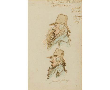 Gillray (James, 1756-1815) Double portrait study of gentleman in blue coat, ruff, and broad rimmed hat, pen and brown ink ove