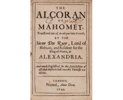 Qu'ran, English.- The Alcoran of Mahomet, first octavo edition of the first English language version, corner of A4 defective 