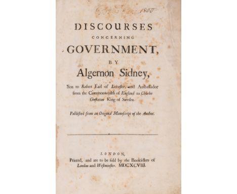 Foundational work of American Independence.- Sidney (Algernon) Discourses concerning Government, first edition, sig. B with 1