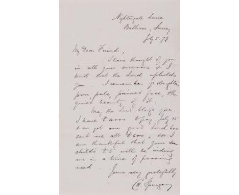 Baptist preacher.- Spurgeon (Charles Haddon, pastor of the Metropolitan Tabernacle, 1834-1892) Autograph Letter signed to Mrs
