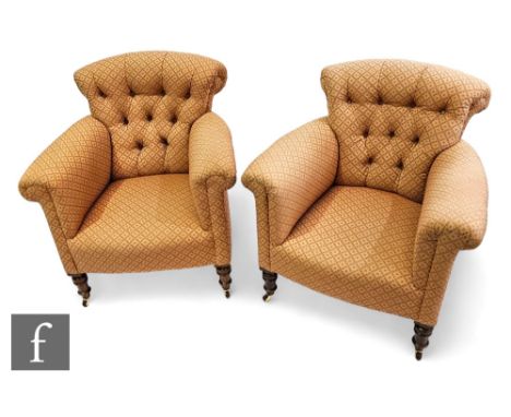 A pair of Victorian button back easy chairs upholstered in pink cross design, on turned legs to the front. (2)  PLEASE VIEW C