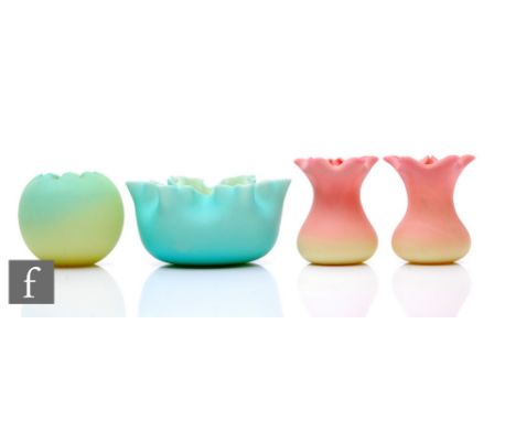 A pair of Webbs Queens Burmese spill vases of baluster form with folded petalled rim, graded dye a way body from pink to ivor