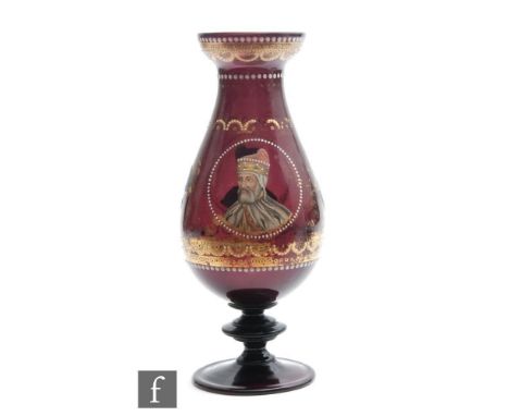 A 19th Century Italian Murano glass vase of swollen baluster form, raised to an annulated stem and circular spread foot, enam
