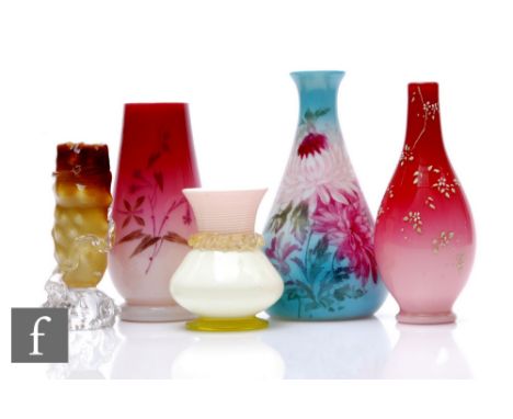 A Harrach Peachblow art glass vase, of tapered footed form painted with orchid sprays on graduated pink ground over opal glas