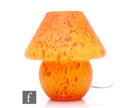 A 20th Century French Vianne glass lamp by Serge Ligardes, of mushroom form with integral shade, with dappled orange and yell