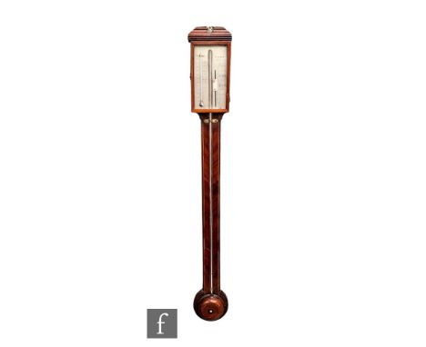 A George III inlaid mahogany stick barometer, the silvered scale signed Pozzi London, incorporating a thermometer over a turn