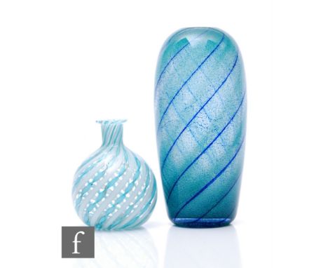 A Hadeland Norwegian art glass vase by Willy Johansson, cased spiral decoration in tonal blue, engraved marks to base, height