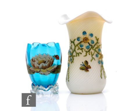 A Webbs satin swirl and coralene glass vase, of waisted sleeve form with undulating rim, cased graded lemon to white glass ov