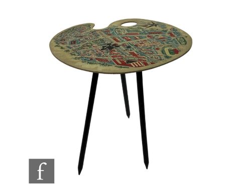 A 1950s Bois Manu souvenir occasional or lamp table to commemorate the Expo '58 Brussels World Fair, modelled as an artist's 