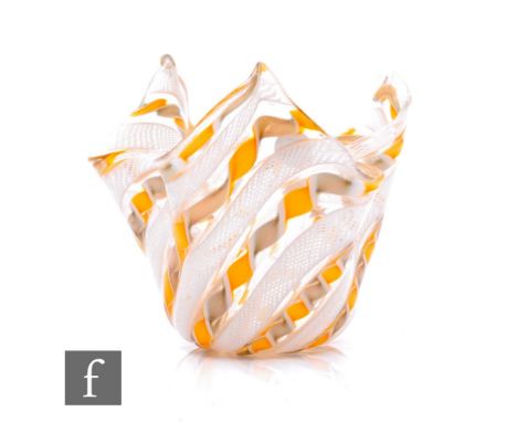 A Murano glass handkerchief vase with white zanfirico&nbsp;lattice filigree and yellow, white and copper aventurine twisted r