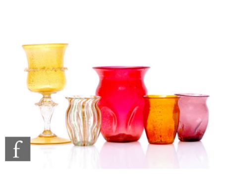 A Murano ruby glass dimpled vase, with gold foil inclusions, three small examples including aventurine and opal ribbon decora