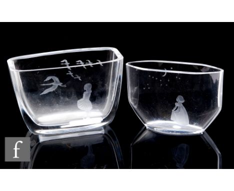An Orrefors rectangular vase of flared form, intaglio cut with a girl with swans in flight, engraved marks to base and number