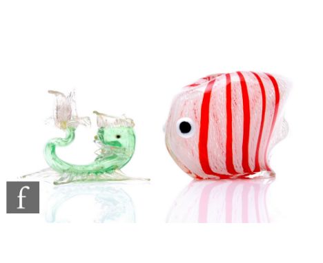 A Murano handblown abstract fish vase, red stripe and opal mottled ground, with inverted aperture, height 10cm, together with