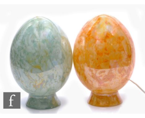 A contemporary table lamp of egg form,&nbsp;with internal dappled green swirled decoration over clear glass, height 30cm.  PL