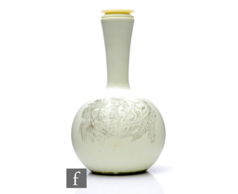 A Webbs of Stourbridge ivory cameo glass carafe and stopper, globe and shaft form, decorated with a lion and lamb amongst fol