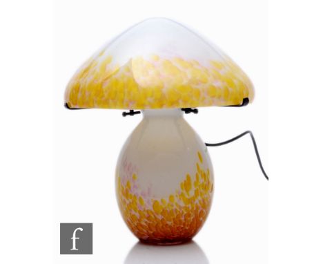 A 20th Century French Vianne glass lamp by Serge Ligardes, of mushroom form with detachable shade resting on three pronged me