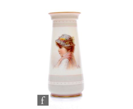 A 19th Century Bohemian opal glass vase by Josef Ahne, of tapered sleeve form, hand enamelled with side portrait of a young b