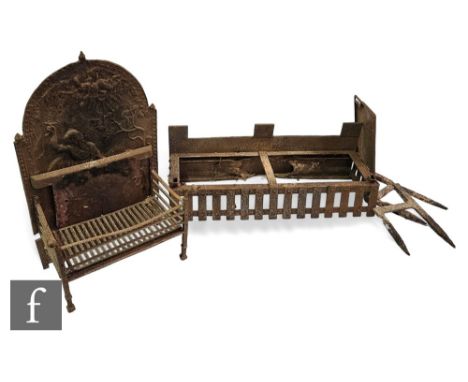 A 19th Century cast iron arched shaped fireback detailed with a figure and cherubs, with grate, 86cm x 58cm, a pair of andiro