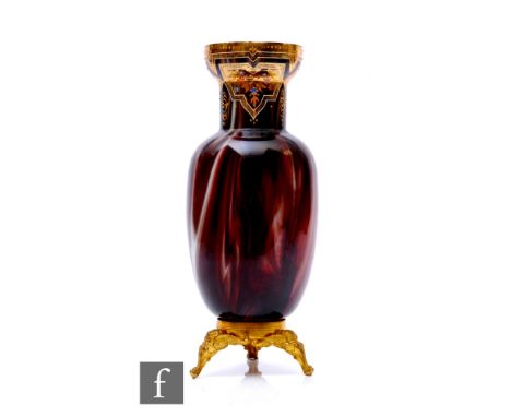 A Loetz Marmoriertes glass vase of ovoid form with drawn collar and dished rim, brown agate body over opal glass, with gilded