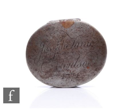 An 19th Century oval snuff box with hinged lid, engraved with the name Joseph James Houlsoe and a date of 1774, width 8.5cm, 