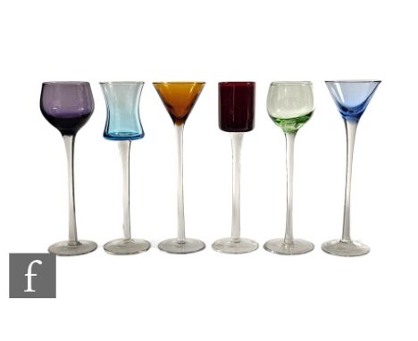Six 20th Century continental harlequin drinking glasses, each with varying bowl forms in green, amethyst, amber, blue and rub