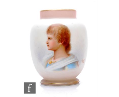 A 19th Century Bohemian opal glass vase by Josef Ahne, of ovoid form with raised peach collar, hand enamelled with side bust 