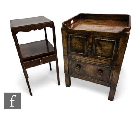 A 19th Century mahogany square tray top bedside commode enclosed by a pair of beaded edged doors over a pull out drawer base,