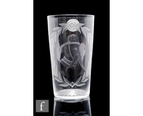 A 19th Century novelty propaganda clear crystal glass tumbler, engraved decorated with a portrait of the Kaiser which when tu